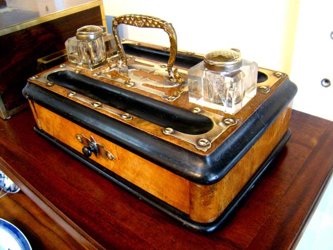 A Victorian burl walnut and ebony desk set circa 1870